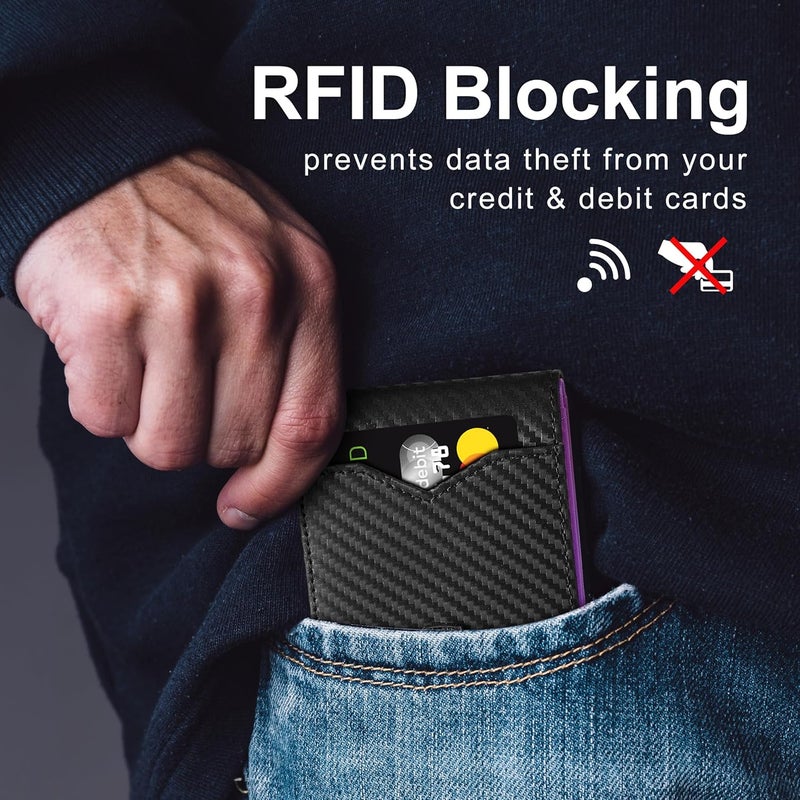 GSOIAX محفظة رفيعة للرجال مصنوعة من الجلد الحقيقي وألياف الكربون مع تقنية حجب RFID وحافظة بطاقات الائتمان مع صندوق هدايا (أسود كربوني وبنفسجي) - Image 3